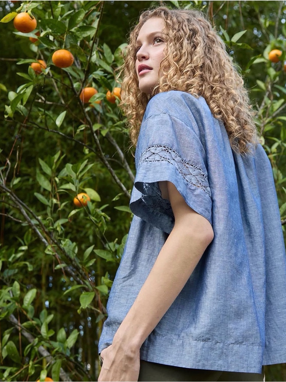 Ann Mashburn Chambray Linen Blend Lace Sleeve Blouse Top Blue Size Small